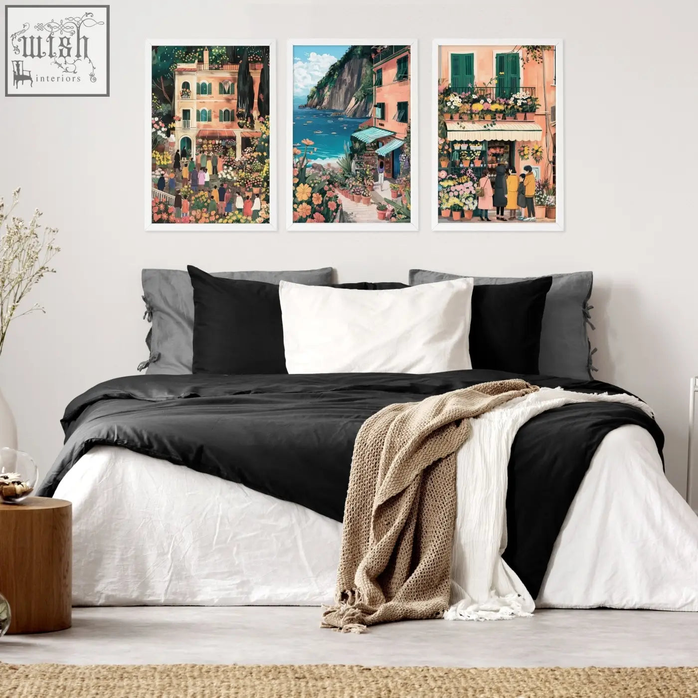 Three framed gallery wall frames with colorful italian lifestyle wall art prints of coastal scenes above the bed