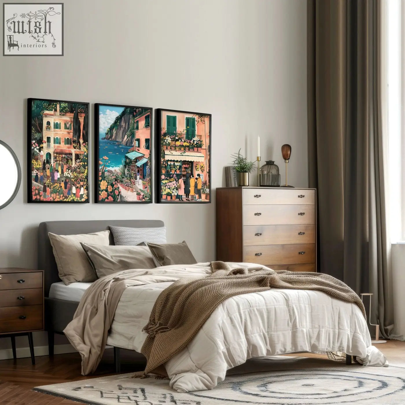 Three gallery wall frames featuring colorful italian lifestyle coastal scenes hang above the bed as wall art