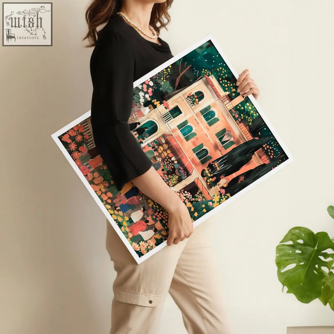 A vibrant framed illustration of a lush garden and peach villa in gallery wall frames italian lifestyle wall art set of 3