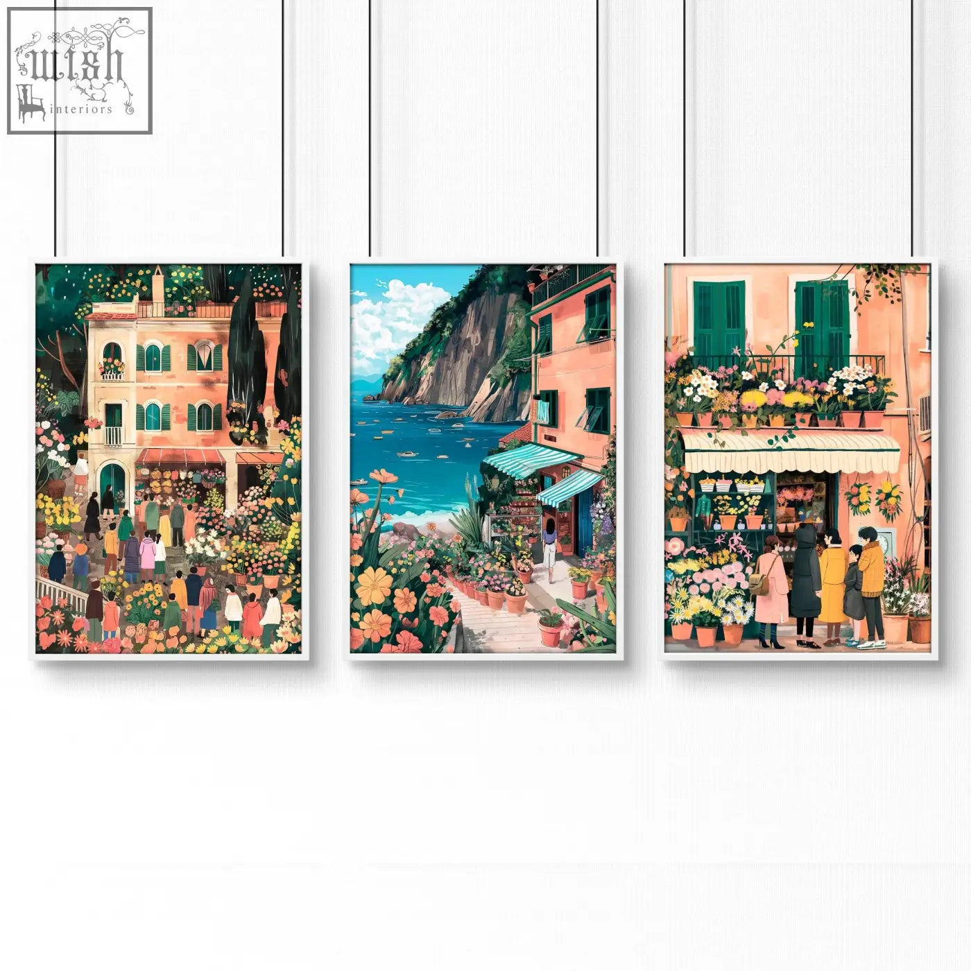 Three gallery wall frames featuring colorful italian lifestyle wall art prints of coastal towns with vibrant flowers