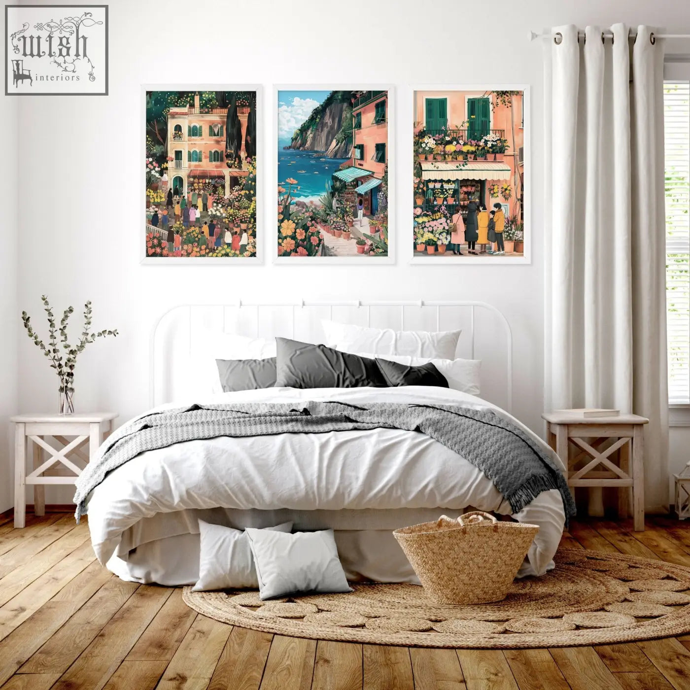 Woven natural fiber basket with handle and frayed edges beside italian lifestyle gallery wall frames wall art set of 3