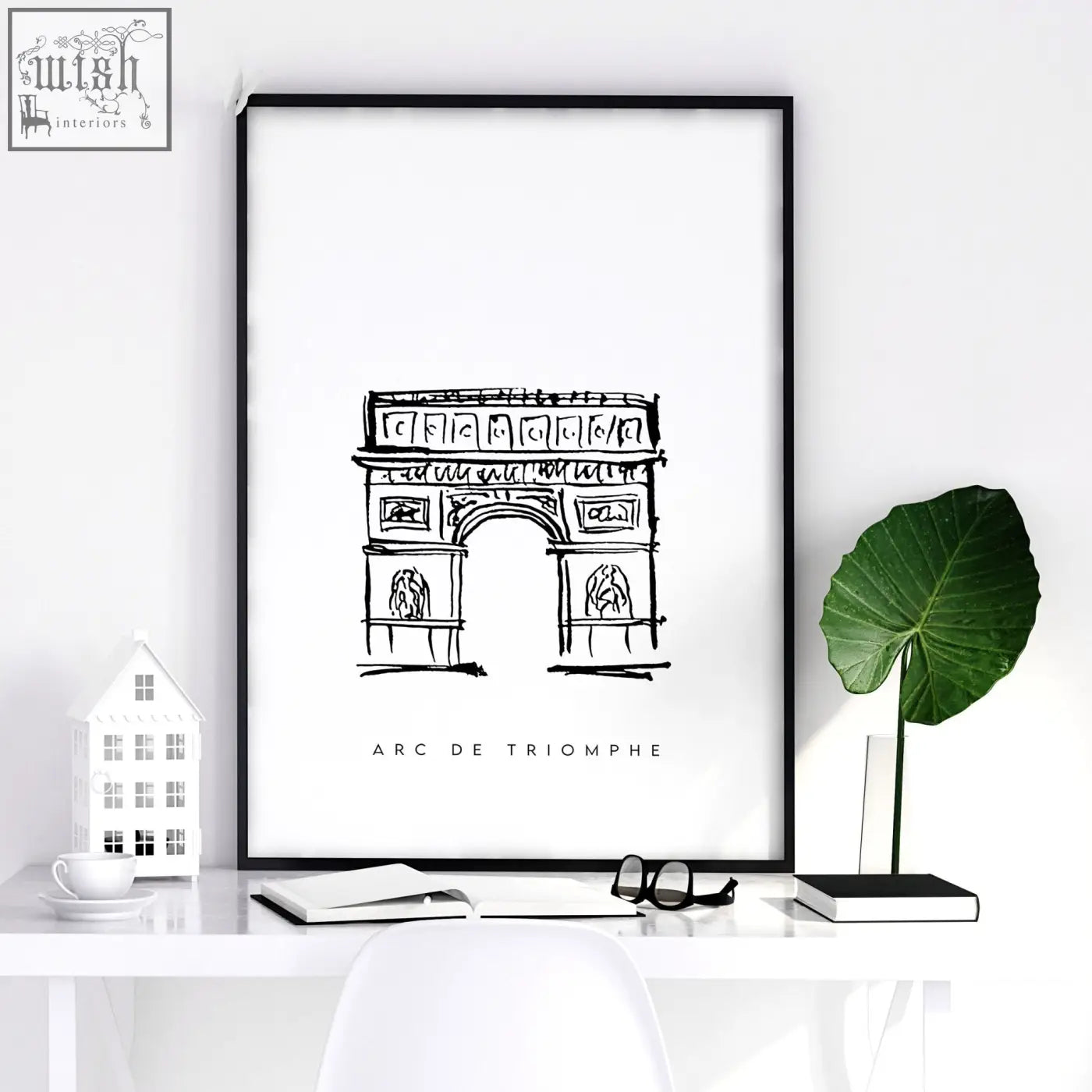 Black-framed minimalist line art wall art print of arc de triomphe from set of 3 paris landmarks wall art