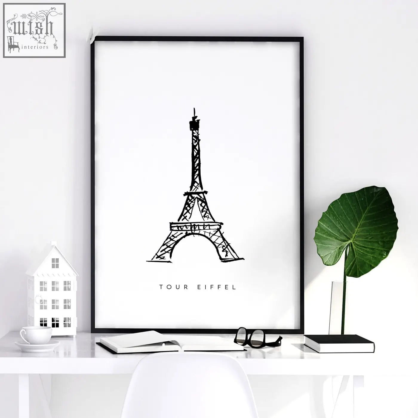Black-framed minimalist poster with sketch-style eiffel tower on white paper featuring tour eiffel text for paris landmarks wall art