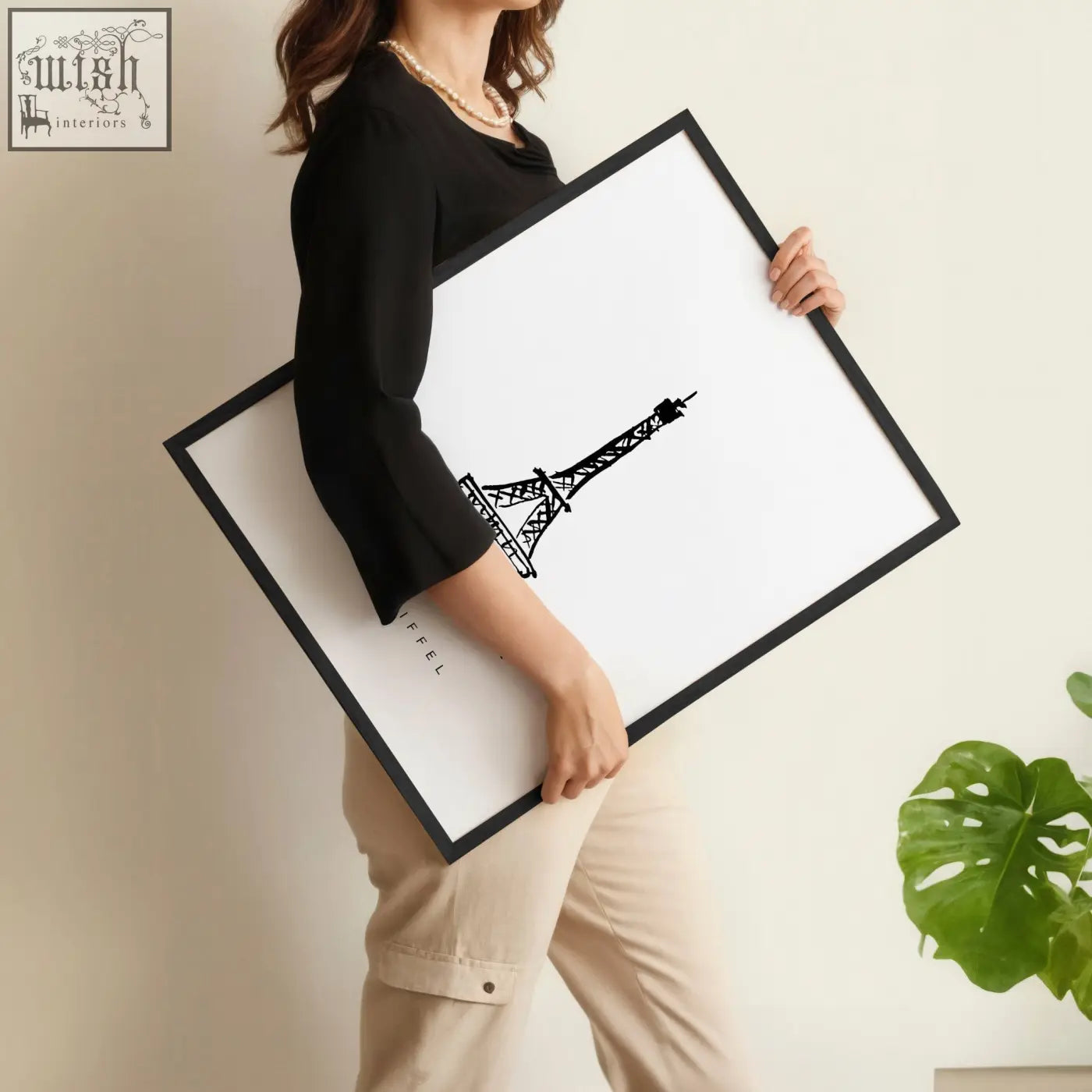 Black-framed minimalist art print with sleek eiffel tower line drawing for paris landmarks wall art set