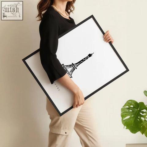 Black-framed minimalist art print with sleek eiffel tower line drawing for paris landmarks wall art set
