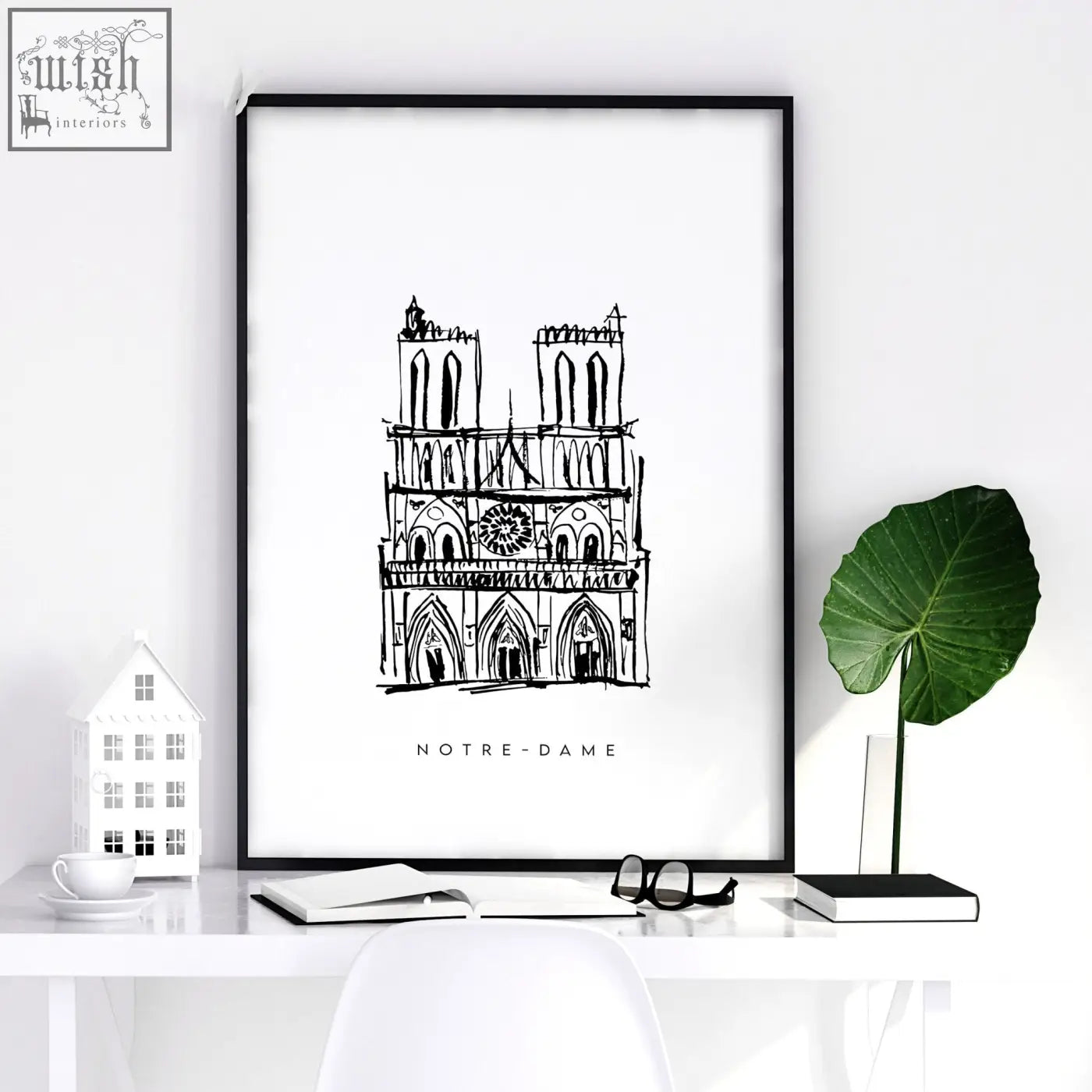 Black-framed minimalist line art poster of notre-dame cathedral on white background paris landmarks wall art print