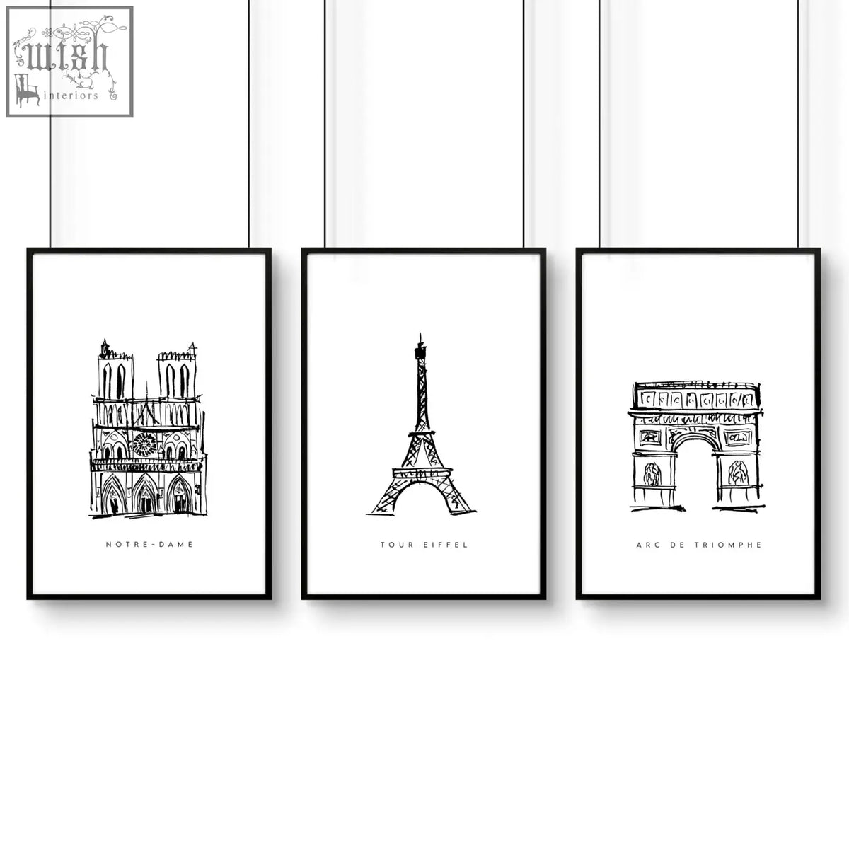 Set of three black-framed minimalist line art prints of paris landmarks wall art featuring notre dame eiffel tower and arc de triomphe
