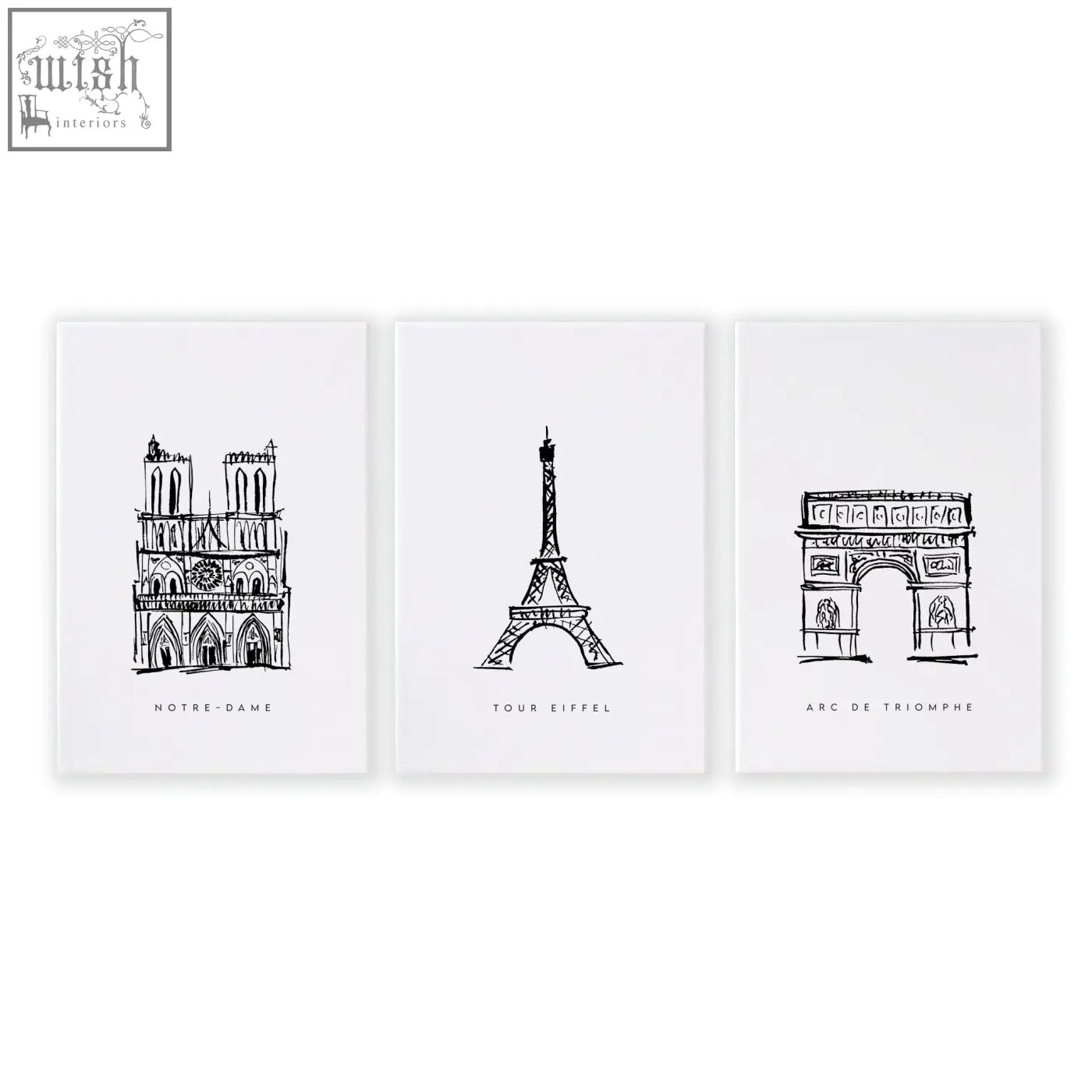 Set of 3 black and white minimalist line art prints of paris landmarks wall art featuring notre dame eiffel tower and arc de triomphe