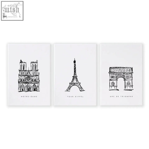 Set of 3 black and white minimalist line art prints of paris landmarks wall art featuring notre dame eiffel tower and arc de triomphe