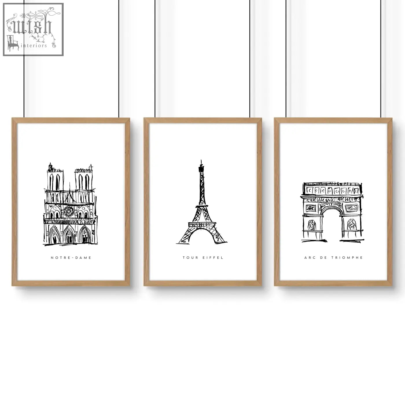 Set of 3 minimalist black and white paris landmarks wall art prints with modern sketch style for gallery wall framing