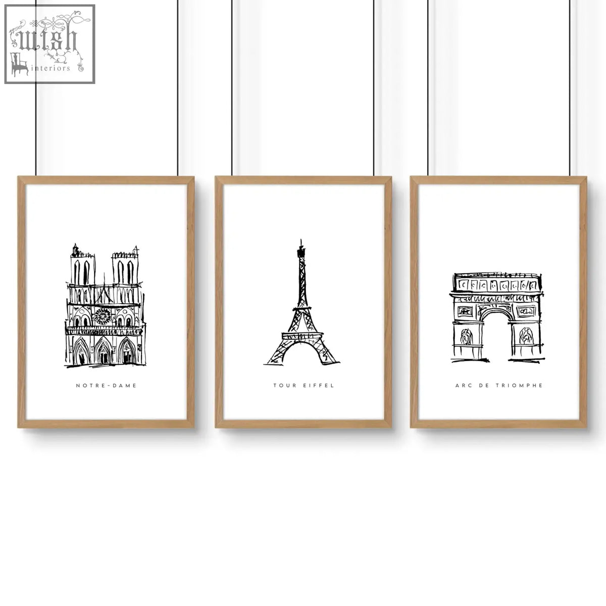 Set of 3 minimalist black and white paris landmarks wall art prints with modern sketch style for gallery wall framing