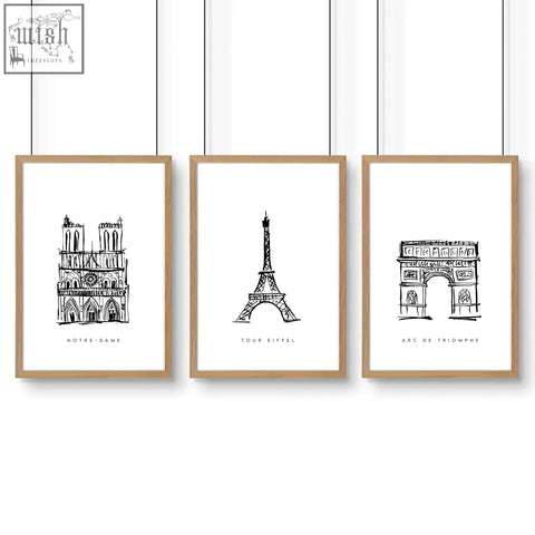 Set of 3 minimalist black and white paris landmarks wall art prints with modern sketch style for gallery wall framing