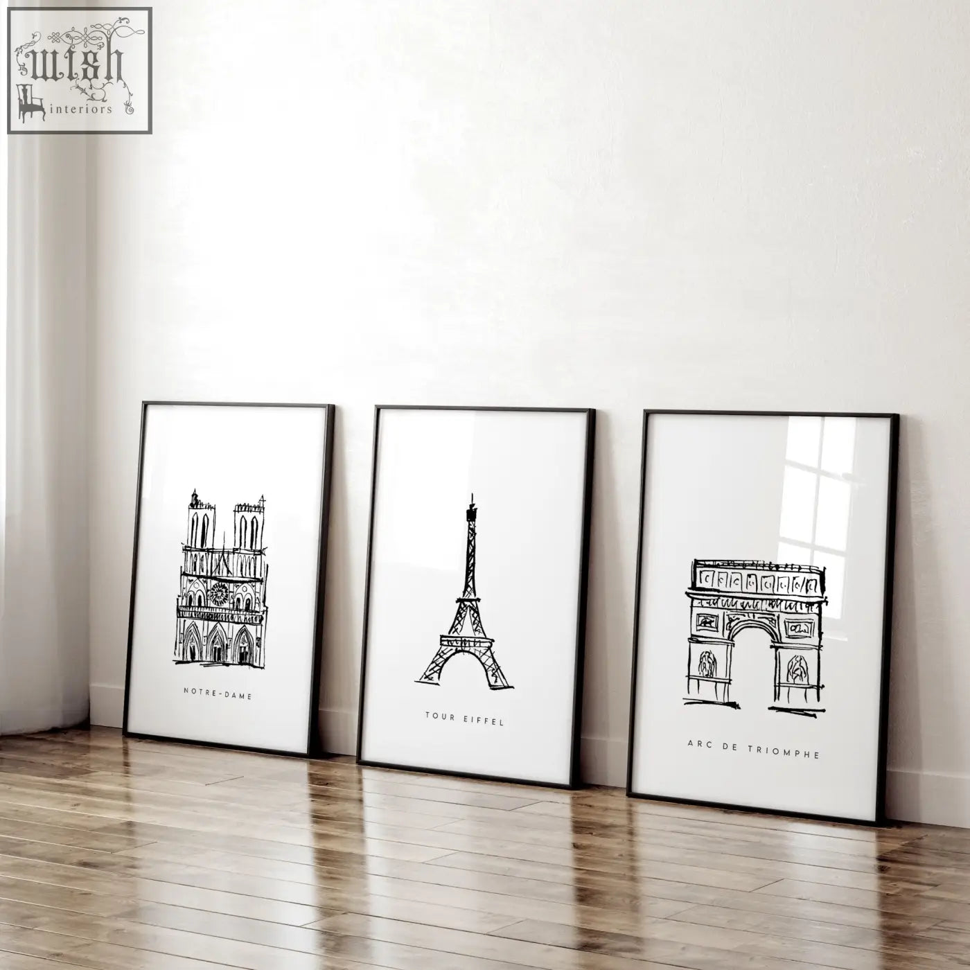 Three black-framed minimalist line art prints of paris landmarks wall art for stylish gallery wall framing set of 3