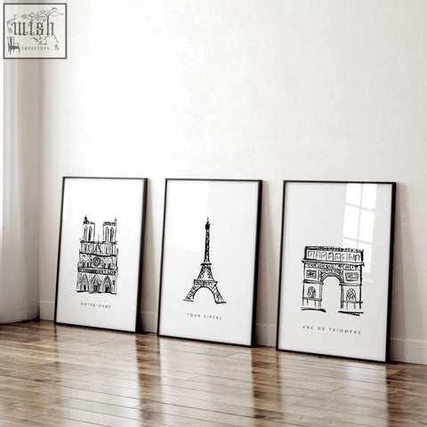 Three black-framed minimalist line art prints of paris landmarks wall art for stylish gallery wall framing set of 3
