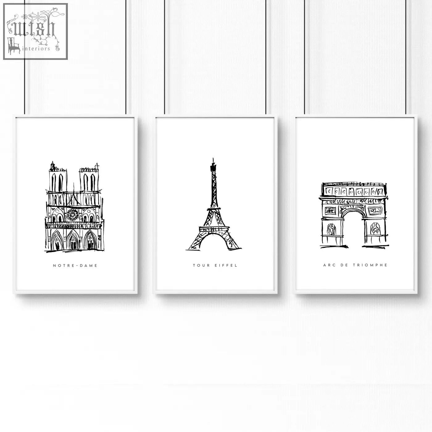 Set of three minimalist black and white framed wall art prints featuring iconic paris landmarks for paris landmarks wall decor