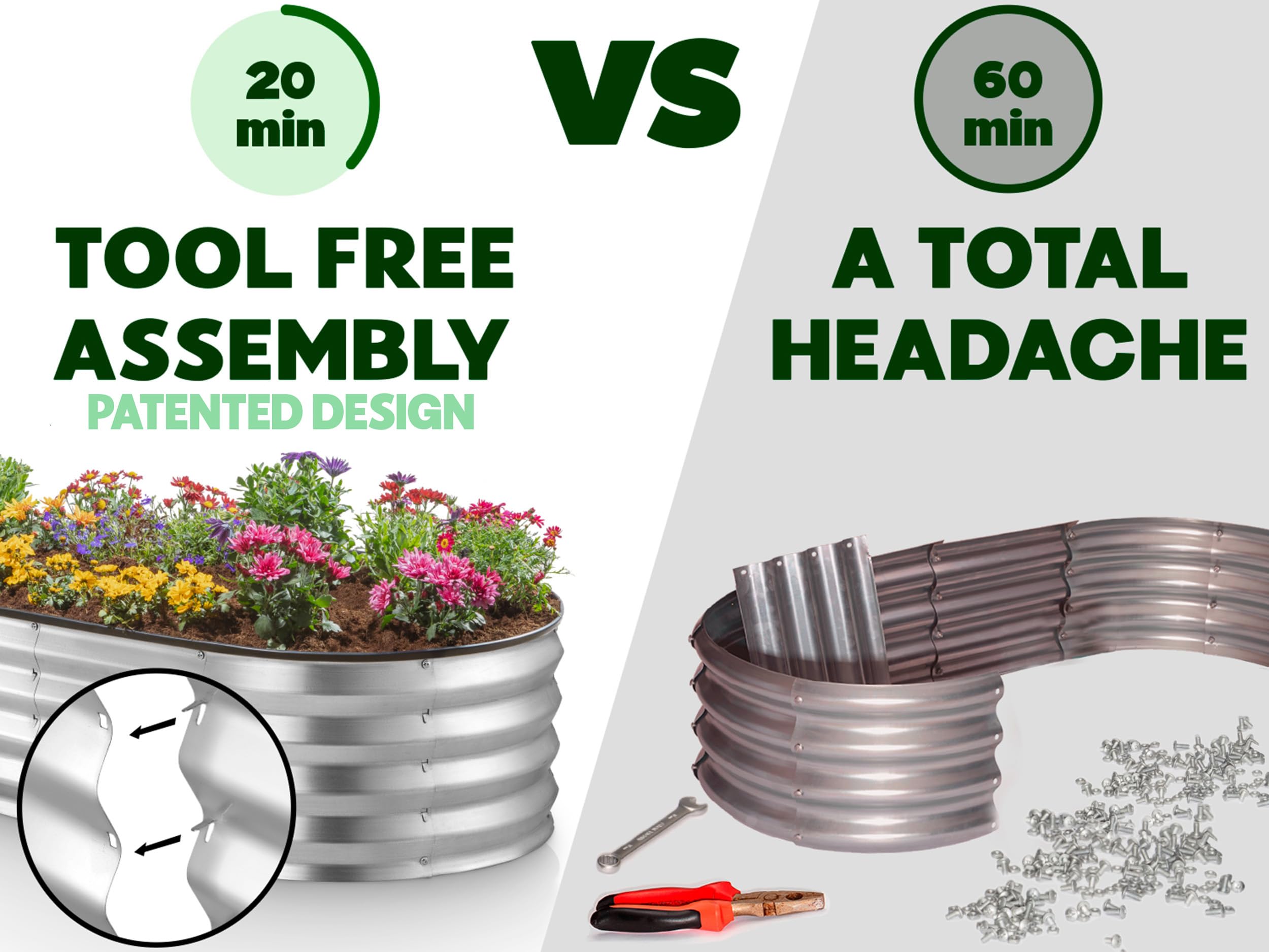 Silver galvanized metal raised garden bed with tool-free assembly for easy outdoor gardening and sturdy plant support