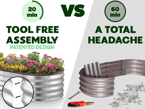 Silver galvanized metal raised garden bed with tool-free assembly for easy outdoor gardening and sturdy plant support