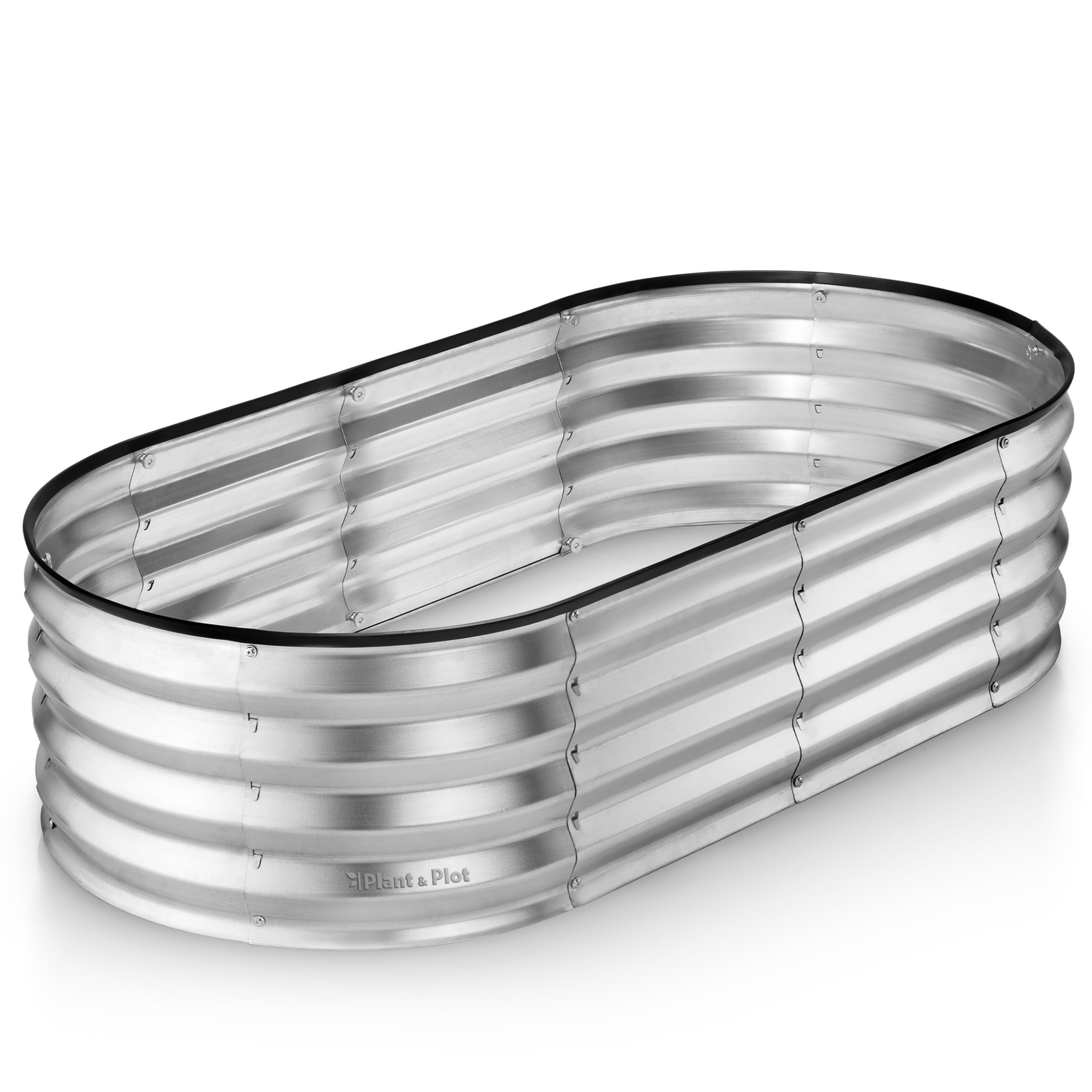 Silver galvanized metal raised garden bed with black rim and plant a plot branding for outdoor gardening