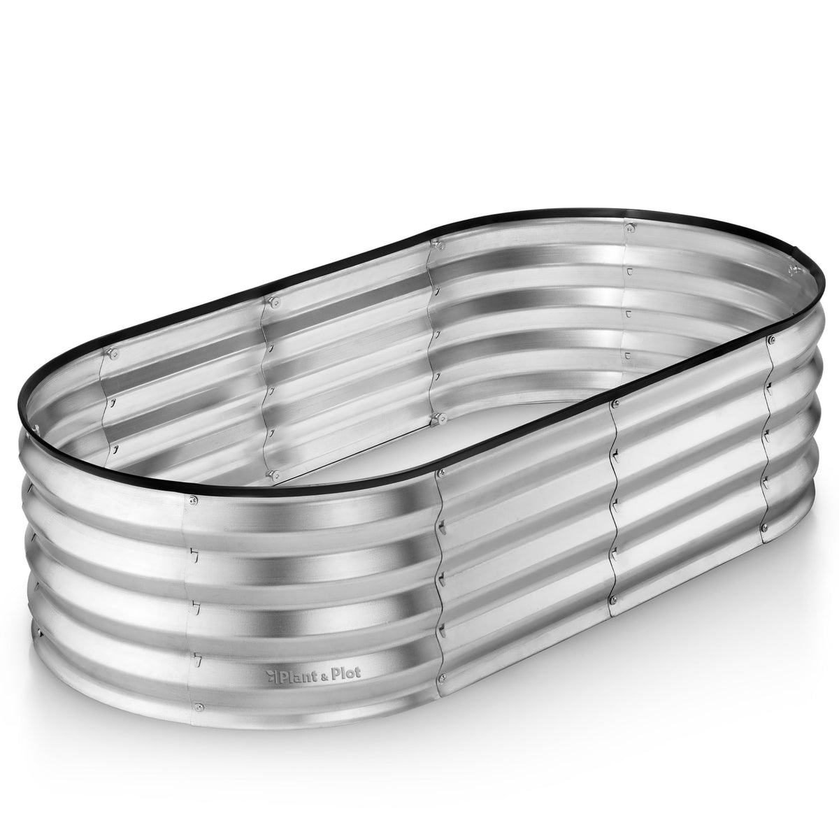 Silver galvanized metal raised garden bed with black rim and plant a plot branding for outdoor gardening