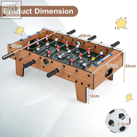 Wooden game table football table with black handles and red white blue players perfect for space saving game rooms