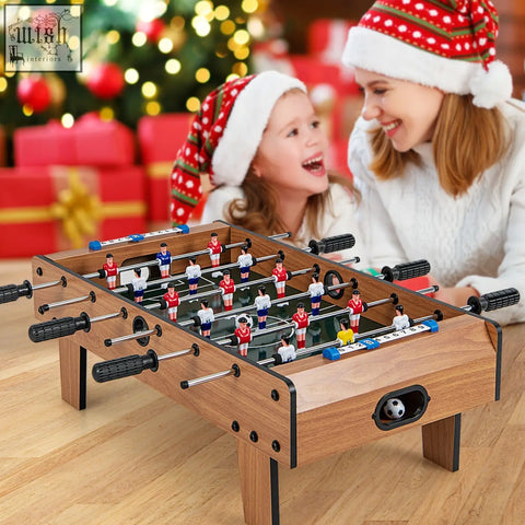 Wooden game table football table with black handles and red white blue players space saving natural finish