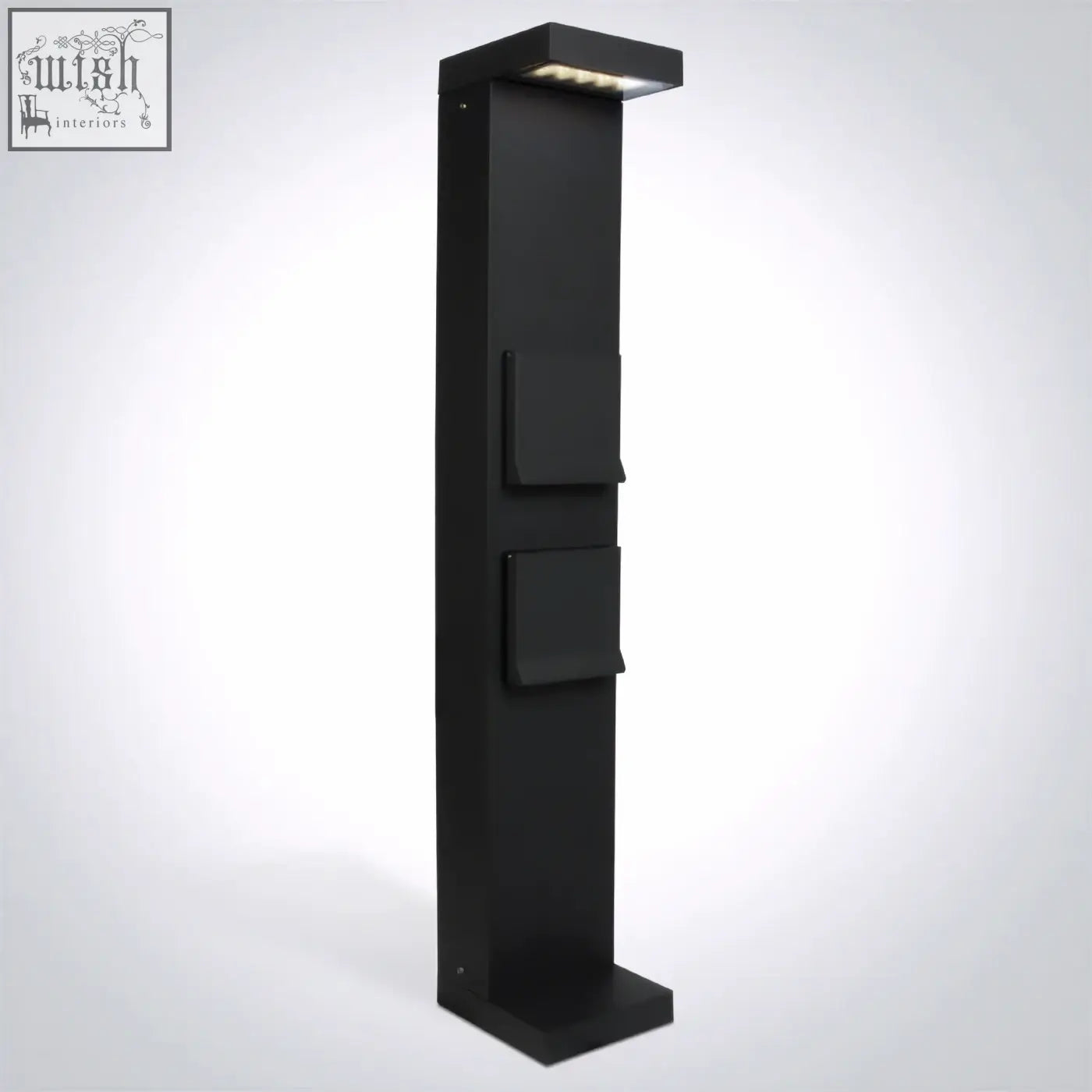 Black outdoor pathway light with integrated led illumination and two recessed mail slots includes schuko sockets for garden use