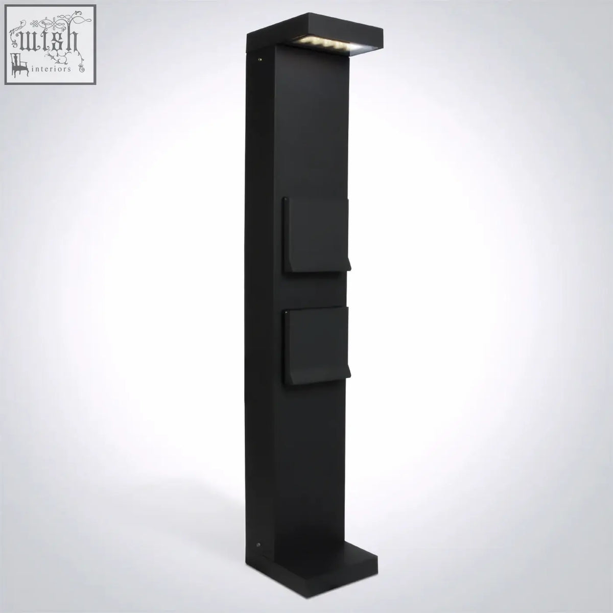 Black outdoor pathway light with integrated led illumination and two recessed mail slots includes schuko sockets for garden use
