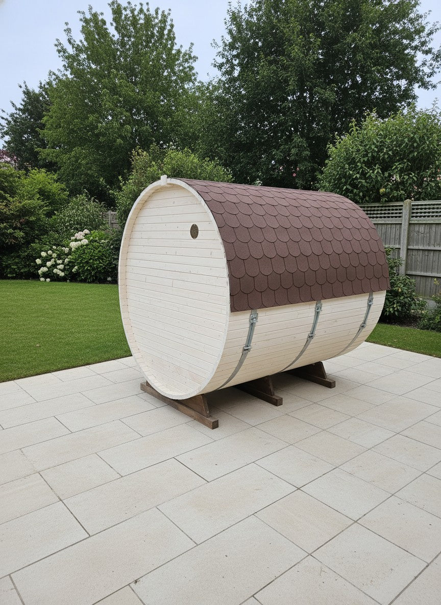 Steam & Oak Gas Barrel Sauna 2.4m with Porch (Electric or Wood-Fired)