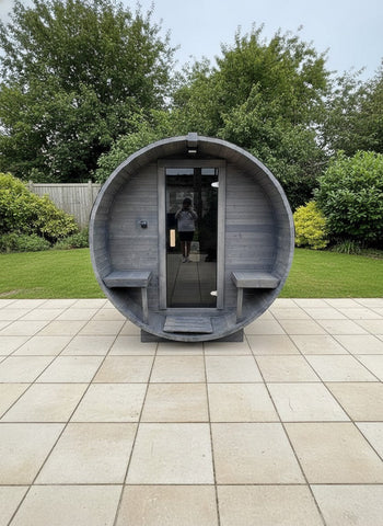 Steam & Oak Gas Barrel Sauna 2.4m with Porch (Electric or Wood-Fired)