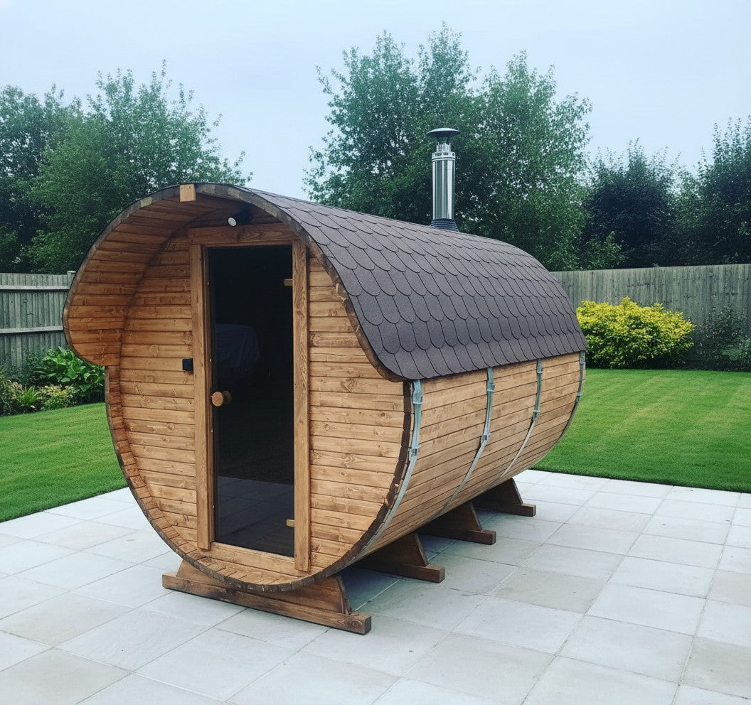 Steam & Oak Gas Barrel Sauna 3m Canopy + Anteroom (Electric or Wood-Fired)