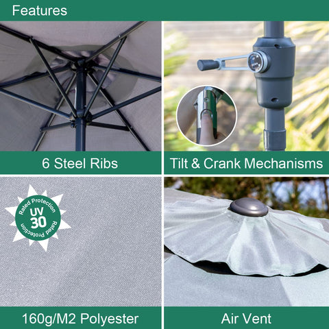 Gray GardenKraft garden parasol with crank mechanism, 6 steel ribs, uv 30 polyester canopy, and air vent