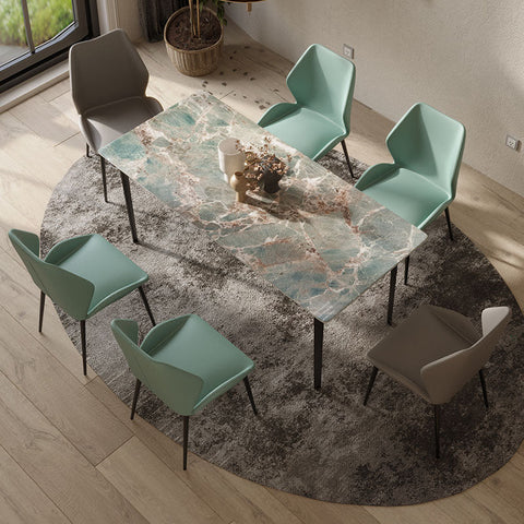 Modern gareth dining table with teal and white marble top and carbon steel frame surrounded by six chairs