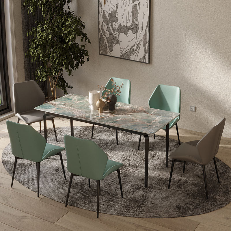 Modern rectangular gareth dining table with green and white marble top and black carbon steel legs