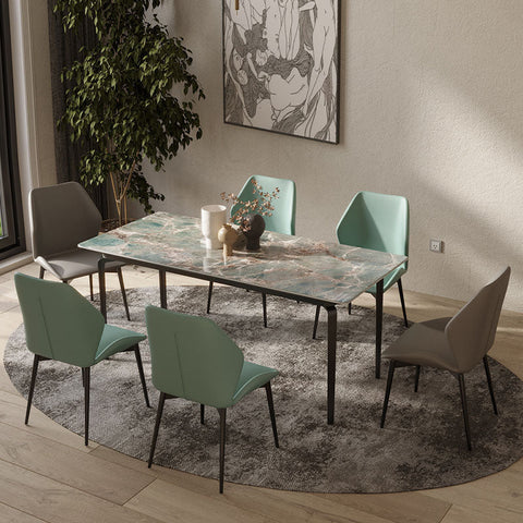 Modern rectangular gareth dining table with green and white marble top and black carbon steel legs