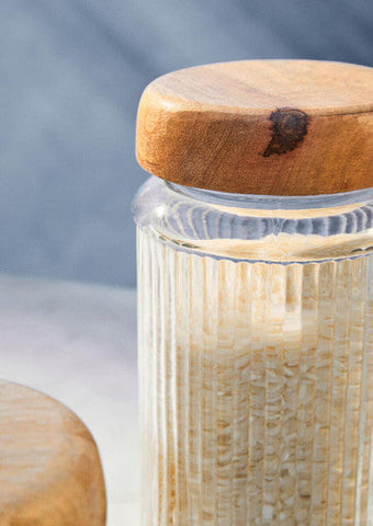 Clear Garner glass storage jar with vertical ridges and natural mango wood lid 2000ml for kitchen use