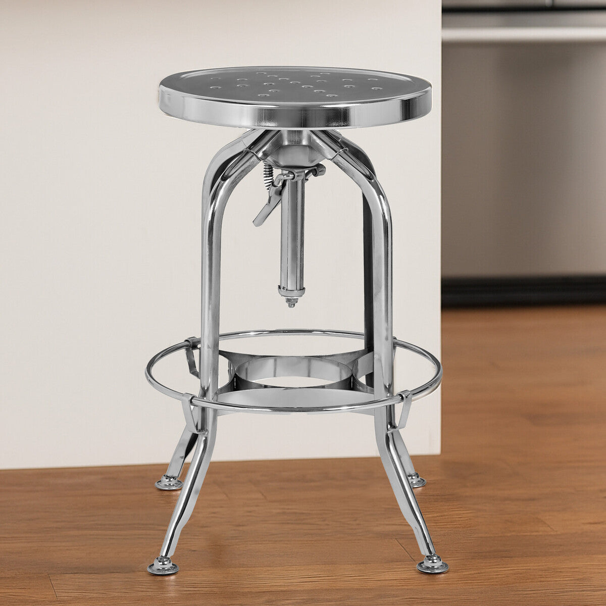 Gator chrome finish adjustable bar stool with perforated circular seat and chrome finish adjustable height mechanism
