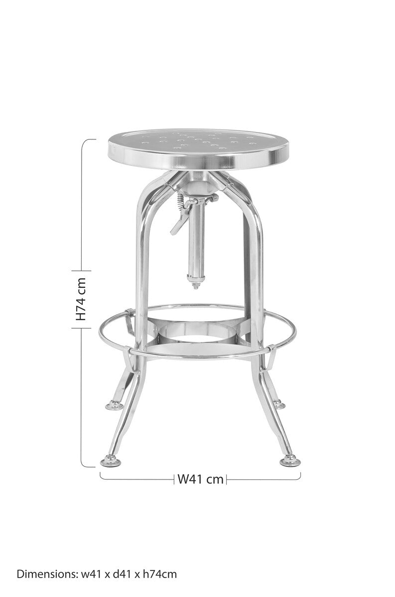 Gator chrome finish adjustable bar stool with metal circular perforated seat and adjustable height mechanism