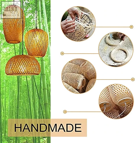 Handcrafted gcq bamboo ceiling light with warm amber hue and woven mesh design e26 e27 rustic pendant chandelier