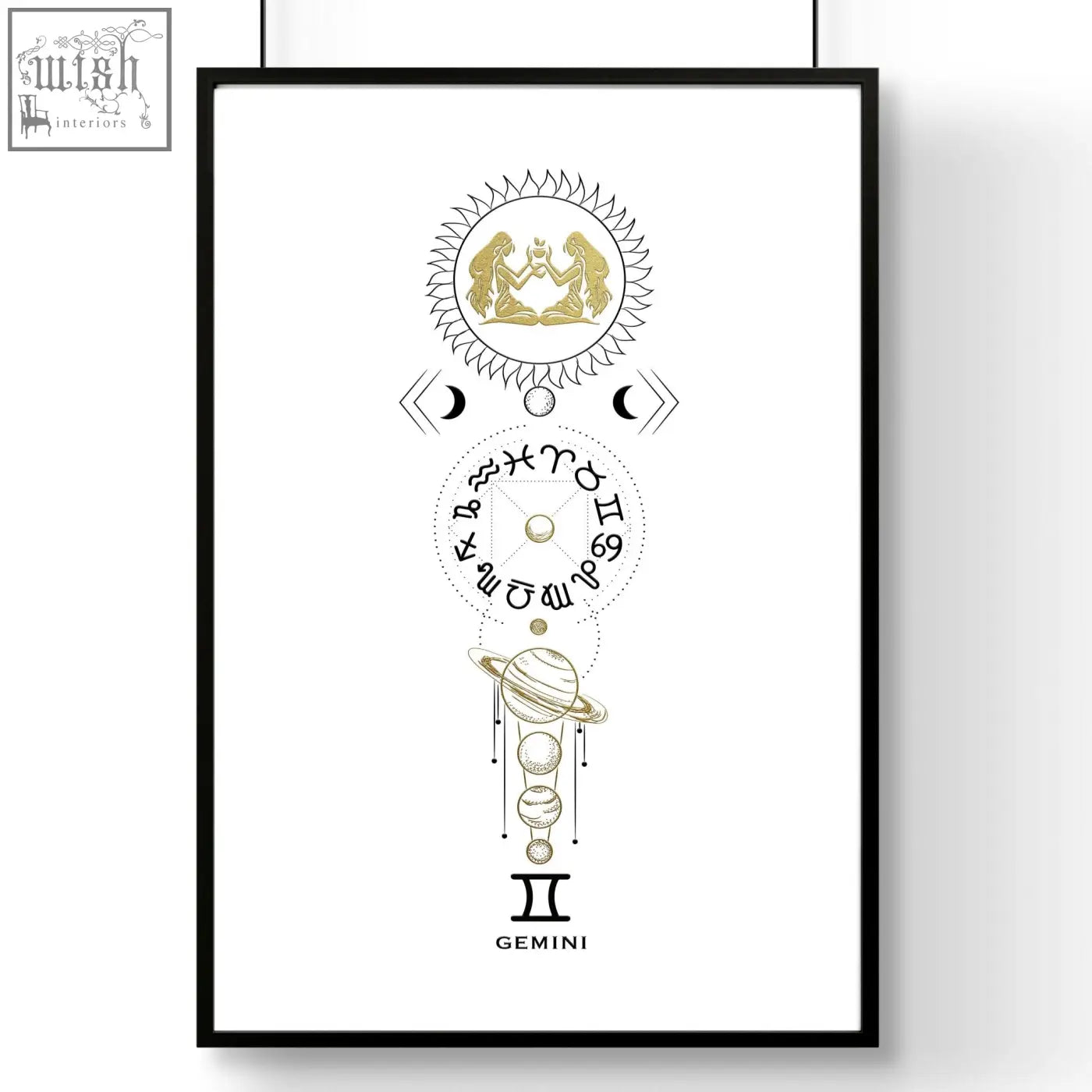 Black-framed gemini zodiac sign wall art print with minimalist gold and black celestial illustrations on white background