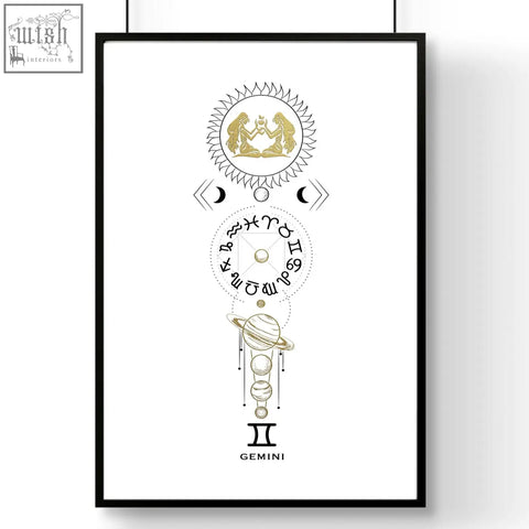 Black-framed gemini zodiac sign wall art print with minimalist gold and black celestial illustrations on white background