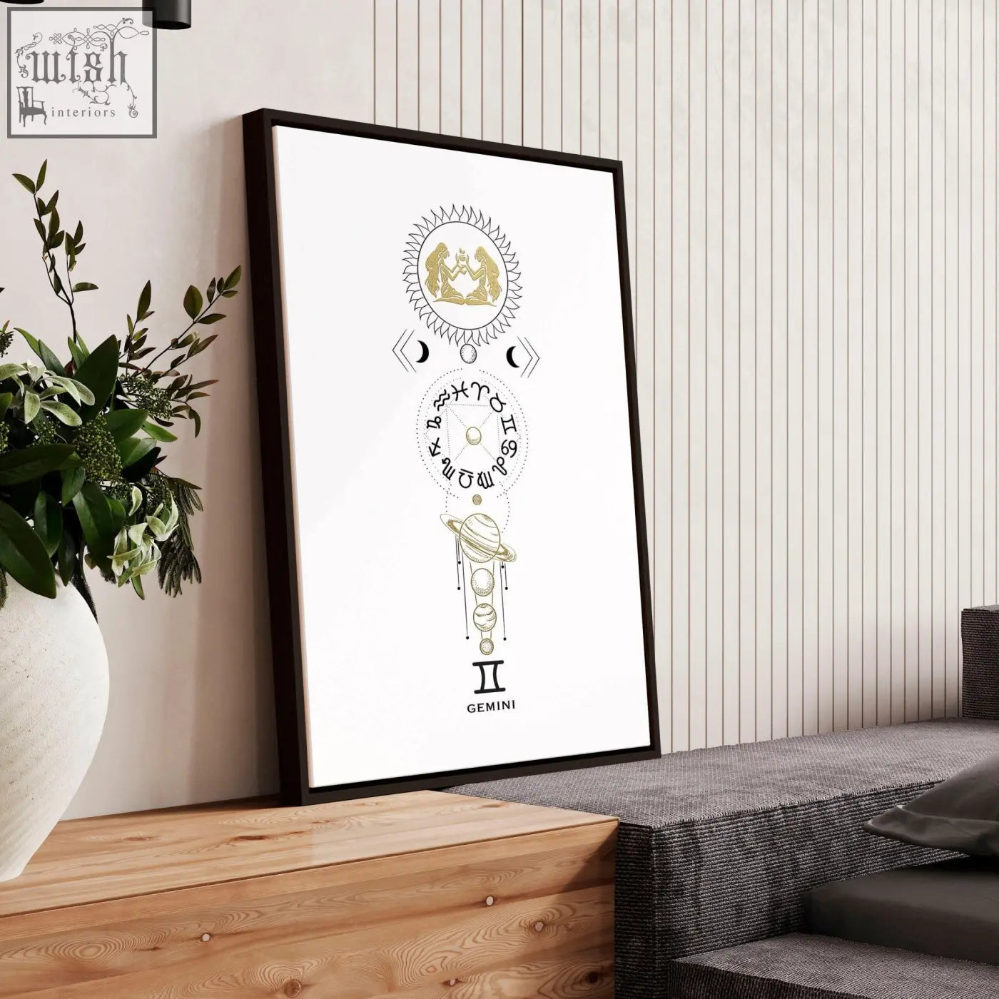 Black framed gemini zodiac wall art print with gold celestial illustrations on white background art print