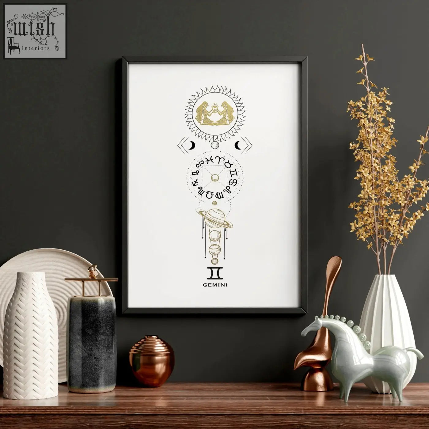 Black-framed gemini zodiac wall art print with gold celestial illustrations on white paper perfect art print decor