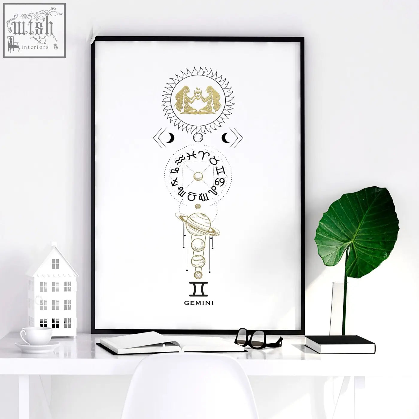 Minimalist black-framed gemini zodiac sign wall art print with gold and white celestial illustration art print
