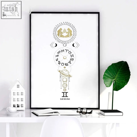 Minimalist black-framed gemini zodiac sign wall art print with gold and white celestial illustration art print