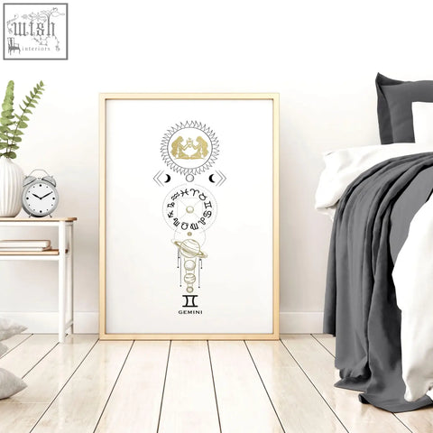 Minimalist gold and black gemini astrological design wall art print in a framed poster on a white background