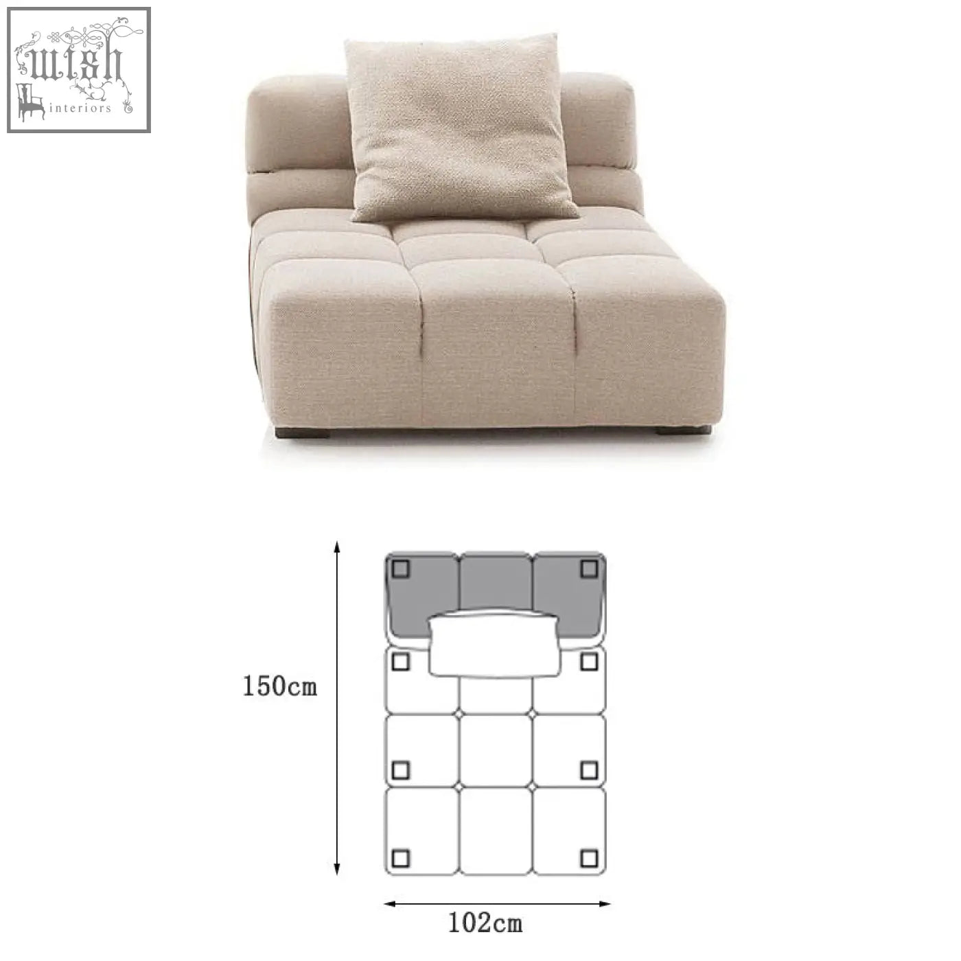 Beige tufted gemma three seater modular sofa with linen velvet fabric and matching cushion featuring clean lines
