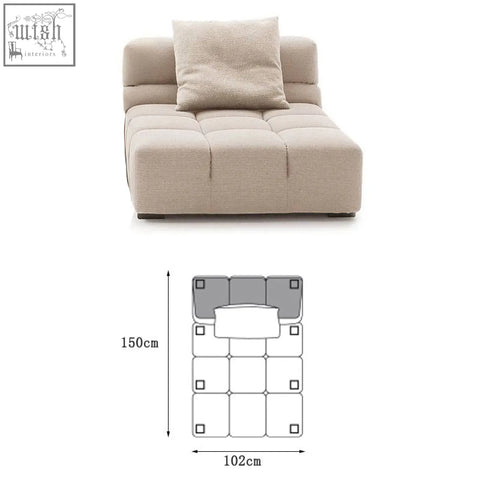 Beige tufted gemma three seater modular sofa with linen velvet fabric and matching cushion featuring clean lines