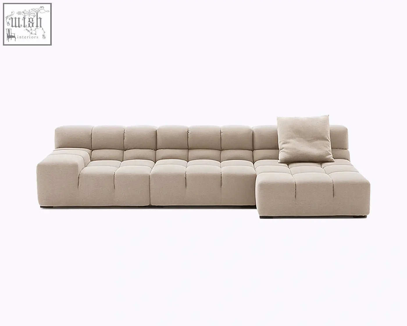 Beige gemma three seater modular sofa with tufted linen velvet cushioned blocks and matching throw pillow
