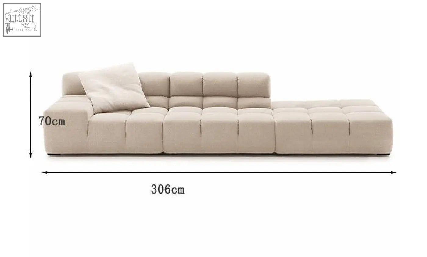 Beige gemma three seater modular sofa with tufted cushions and a matching pillow in linen and velvet fabric