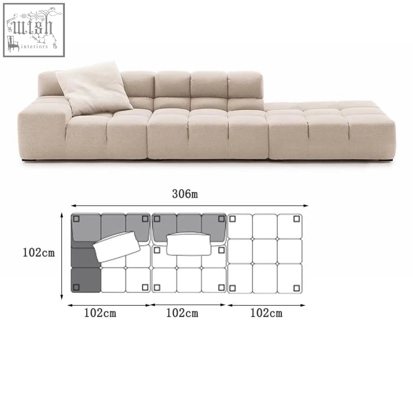 Beige tufted gemma three seater modular sofa with minimalist design in linen velvet for stylish living rooms